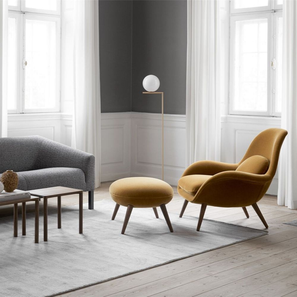 Fredericia Space Copenhagen Swoon Lounge Chair and Ottoman in Grand Mohair in living room