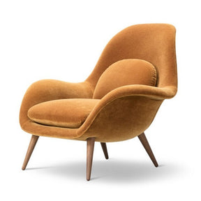Fredericia Swoon Lounge Chair in Copper Mustard Mohair Velvet Angled