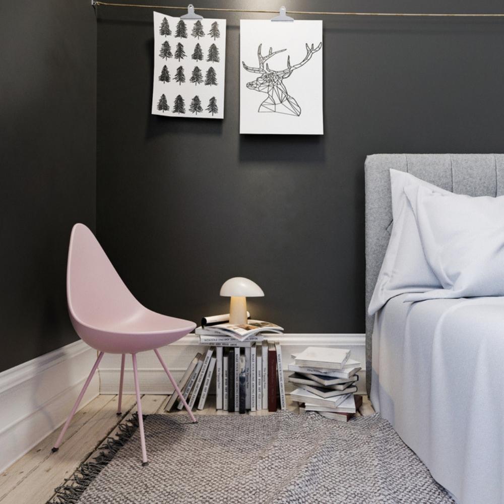 Fritz Hansen Arne Jacobsen Drop Chair Millenial Pink in Bedroom