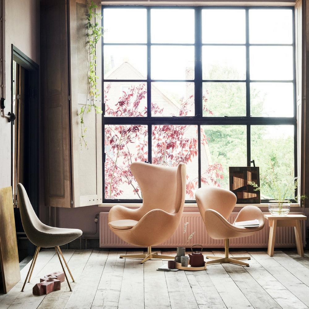 Fritz Hansen Arne Jacobsen Drop Chair 60th Anniversary Edition Profile View in room with Egg and Swan Chairs