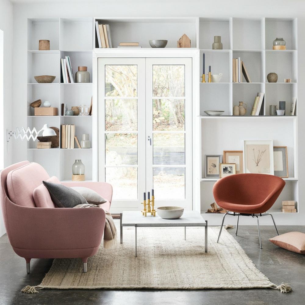 Fritz Hansen Favn Sofa Pink in Room with Pot Chair by Arne Jacobsen