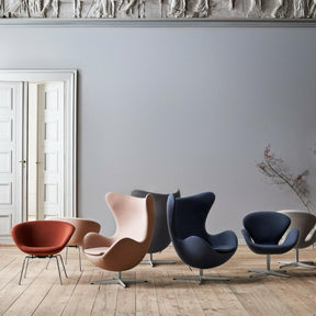 Fritz Hansen Arne Jacobsen Pot Chairs in room with Egg and Swan Chairs in Fritz Hansen Colors