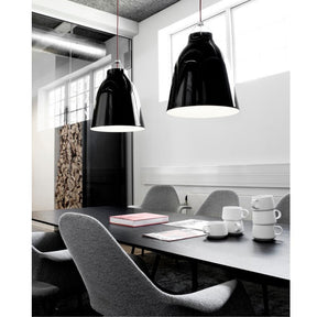 Fritz Hansen Cecilie Manz Caravaggio Pendant Lights Gloss Black in room with Saarinen Organic Conference Chairs