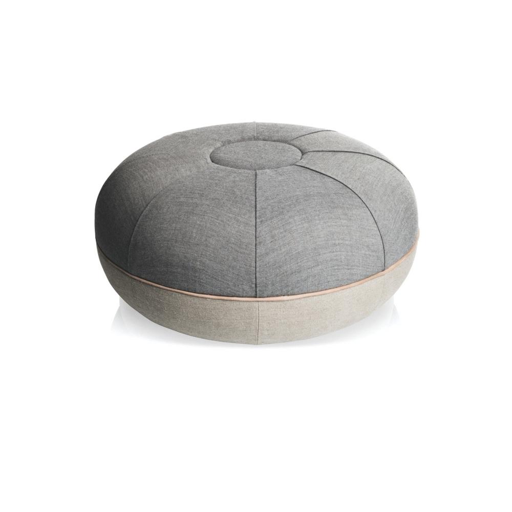 Fritz Hansen Pouf by Cecile Mans in Concrete Grey Remix and Linen with Leather Piping