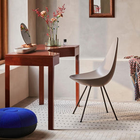 Fritz Hansen Cecilie Manz Pouf Ultramarine in room with Drop Chair and Ikeru Vase at Vanity