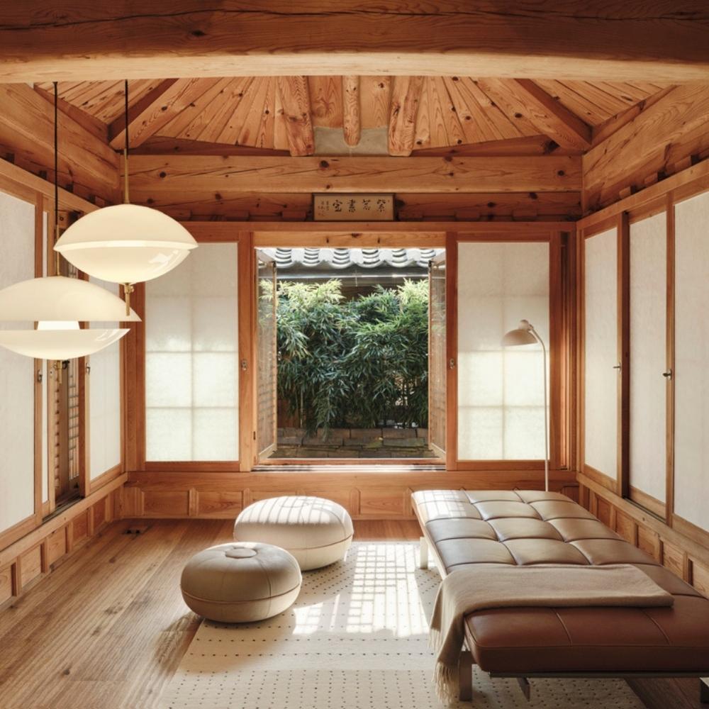 Fritz Hansen Cecilie Manz Poufs in Japan with Poul Kjaerholm Daybed and Clam Pendant Lights