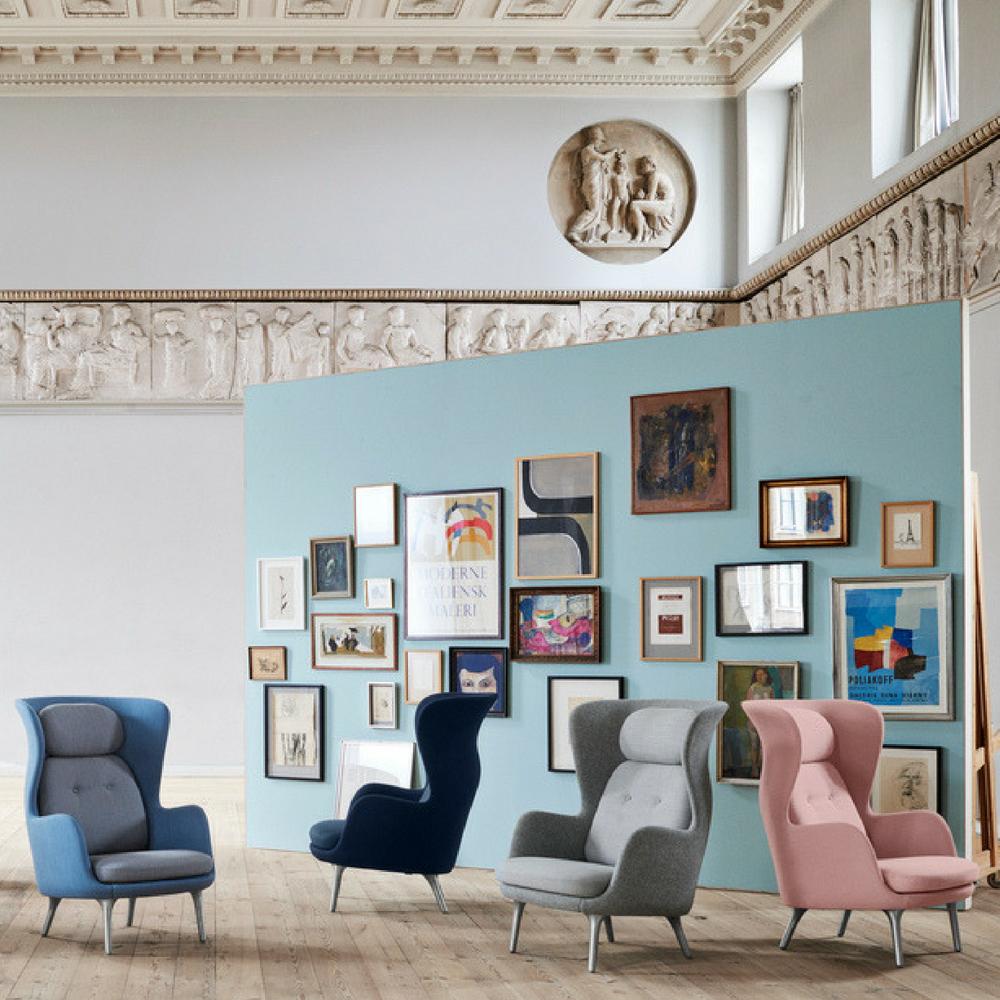 Fritz Hansen Ro Chairs Designer Selection Colors by Jaime Hayon in room with Gallery Wall