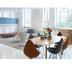 Fritz Hansen Analog Dining Table with Drop Chairs and Kaiser Idell Pendant Light