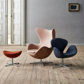 Arne Jacobsen Egg and Swan Chairs with Ottoman in Fritz Hansen Colors in Room