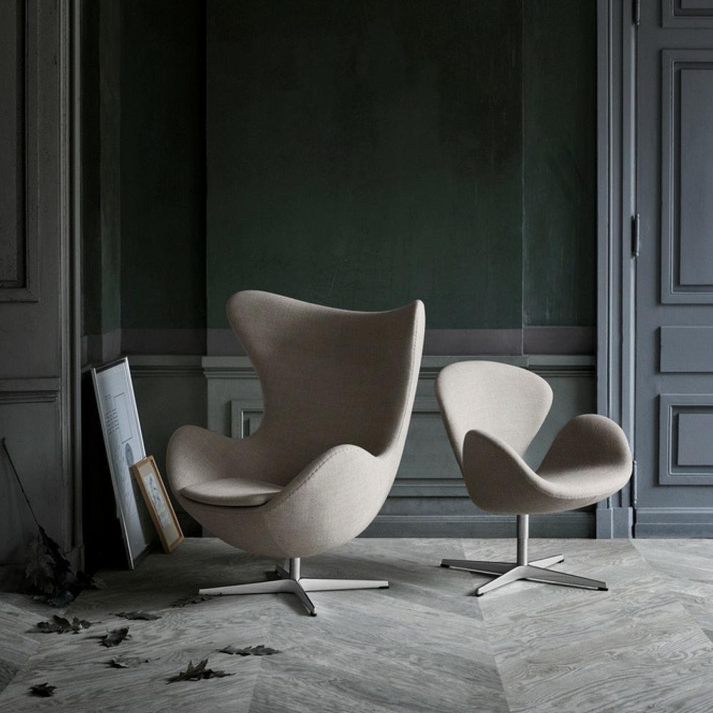 Fritz Hansen Arne Jacobsen Egg and Swan Chairs in Light Warm Grey in Room