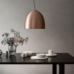 Fritz Hansen Gam Fratesi Suspence Pendant Copper with black Cecilie Manz Essay dining Table.