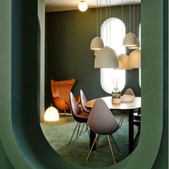 Fritz Hansen Gam Fratesi Suspence Pendants Styled with Analog Table, Drop Chairs and Egg Chair
