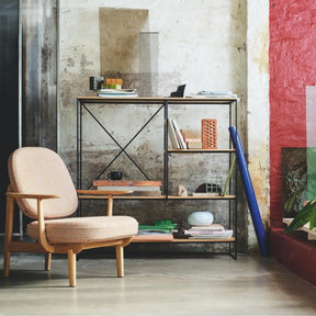 Fritz Hansen Jaime Hayon JH97 Lounge Chair in Kvadrat Raf Simons Ria Peach with Paul McCobb Planner Shelves