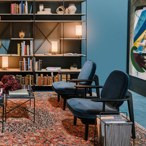 Fritz Hansen JH97 Lounge Chairs in Kvadrat Raf Simons Harald Velvet with Paul McCobb Planner Shelves Salone di Mobile 2019