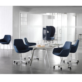 Fritz Hansen Little Giraffe Chairs by Arne Jacobsen in Conference room with Pluralis Table