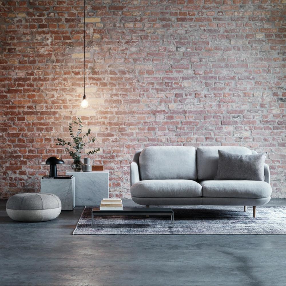 Fritz Hansen Lune Sofa by Jaime Hayon 2 Seat in Room with Cecile Manz Pouf