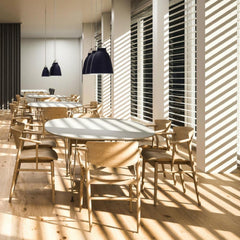Fritz Hansen Nendo N01 Chairs in Office with Caravaggio Pendant Lights and Super Elliptical Tables