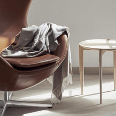 Fritz Hansen Cashmere Throw with Leather Egg Chair and Tray Table