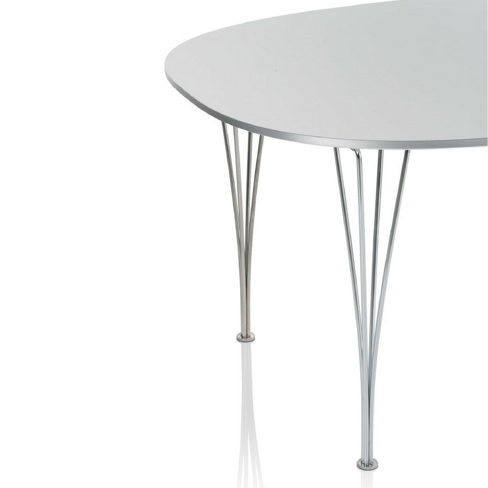 Fritz Hansen Table Series white super elliptical dining table aluminum edge detail Piet Hein Bruno Matthson Arne Jacobsen