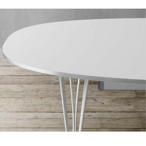 Fritz Hansen Table Series white super elliptical dining table detail Piet Hein Bruno Matthson Arne Jacobsen