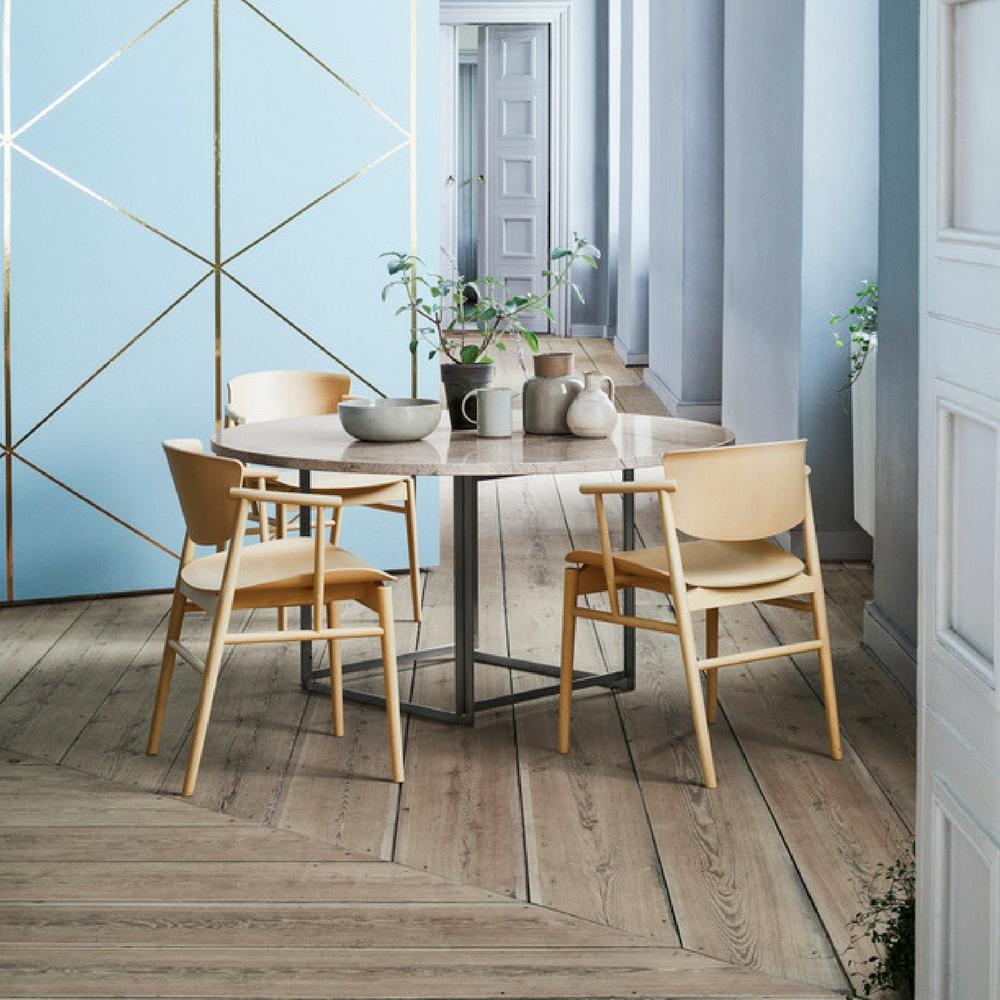Fritz Hansen Nendo N01 Dining Chairs in Room with round marble Poul Kjaerholm Table