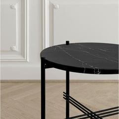 Closeup of GamFratesi TS Black Marble with Black Frame TS Console Table by GUBI
