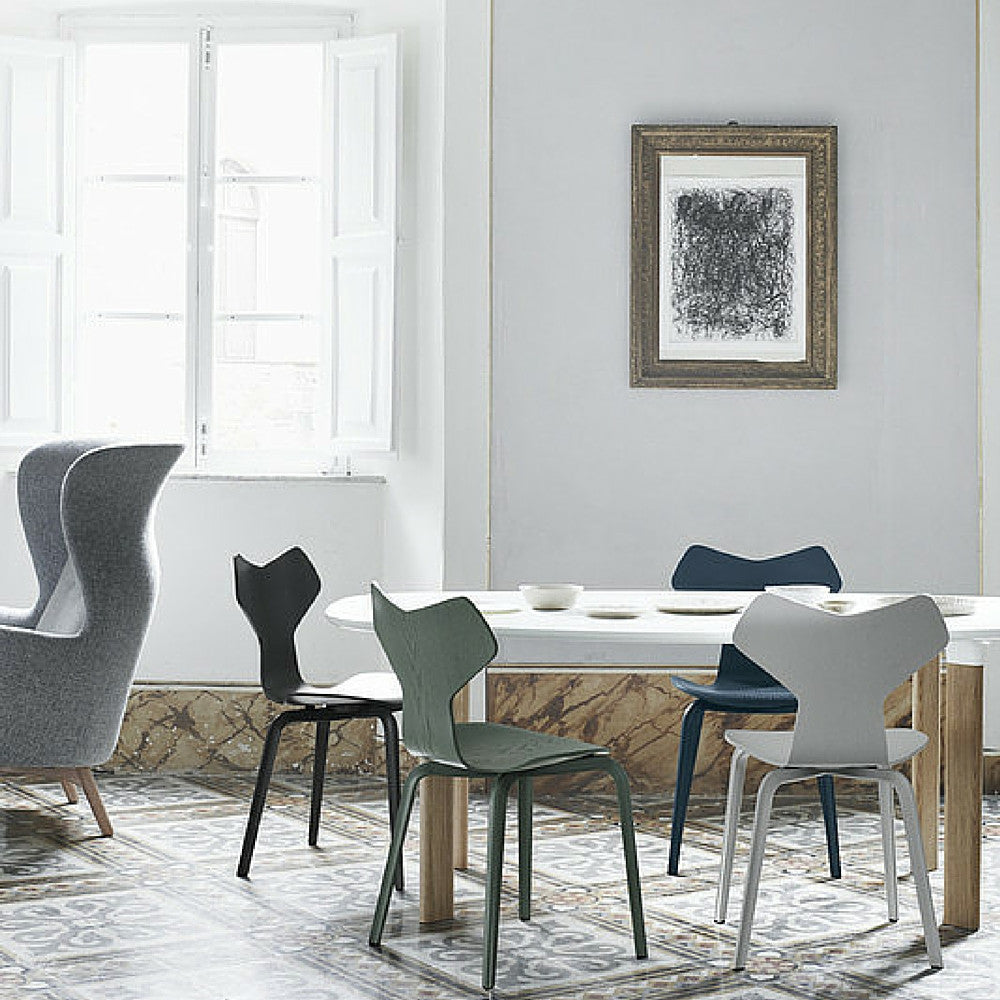 Grand Prix Chairs with Wood Legs in Room with Analog Table and Ro Chair Jaime Hayon Arne Jacobsen Fritz Hansen