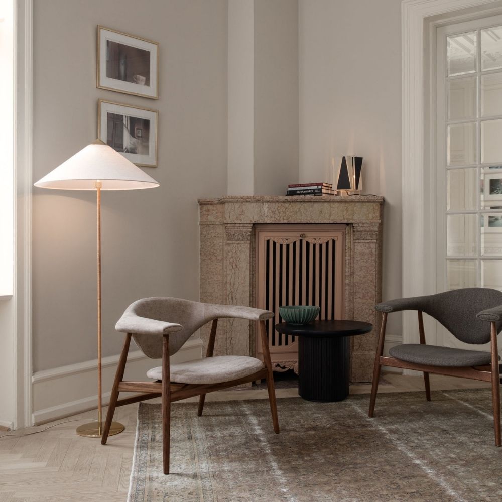 GUBI B-4 Table Lamp by Greta Grossman with Masculo Lounge Chairs, Moon Coffee Table, and 9602 Floor Lamp