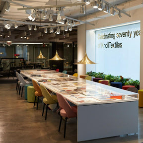 Gubi Semi Pendant Lights in Brass in Knoll Textiles Showroom with Velvet Saarinen Executive Chairs