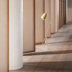 GUBI Grasshopper Floor Lamp by Greta Grossman Olive Brown with Dinesen Wide Plank Floors