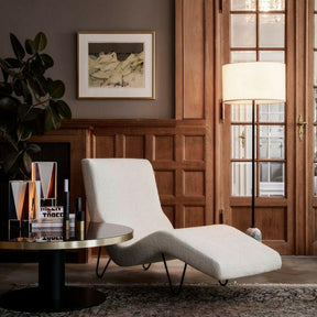 GUBI Gravity Floor Lamp by Space Copenhagen in room with GMG Chaise Lounge