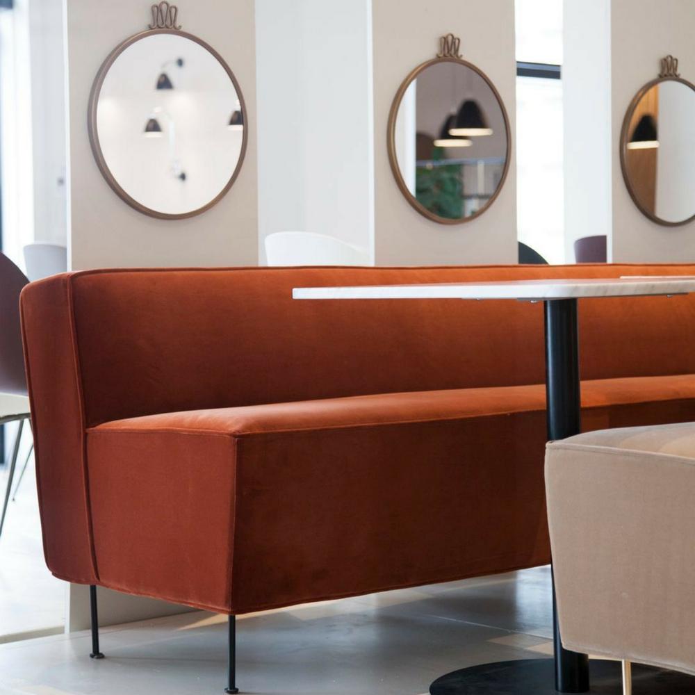 GUBI Greta Grossman Modern Line Sofa Dining Height in Showroom with Randaccio Mirrors