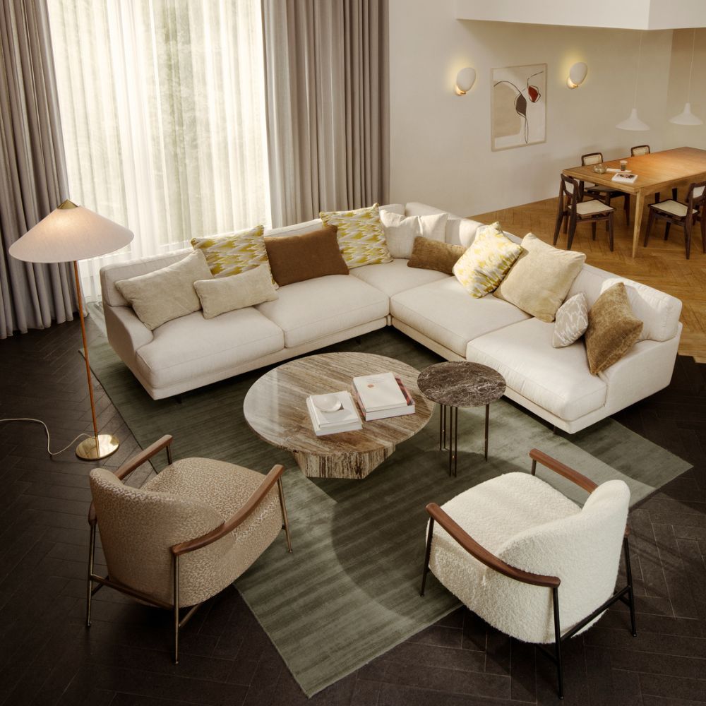 Gubi Paavo Tynell 9602 Floor Lamp in living room with Flaneur Sofa, Sejour Lounge Chairs, and Epic Coffee Table