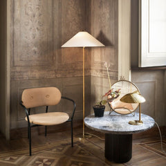 GUBI Paavo Tynell 9602 Floor Lamp with Coco Lounge Chair and Moon Coffee Table