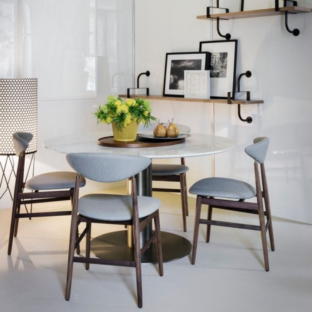 GUBI PD2 Floor Lamp by Barba Corsini in Dining Room with Mategot Shelves and Gent Chairs