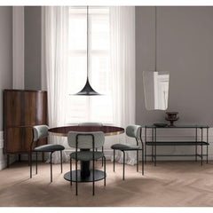 Gubi Black Semi Pendant in Room with Coco Dining Chairs and TS Console