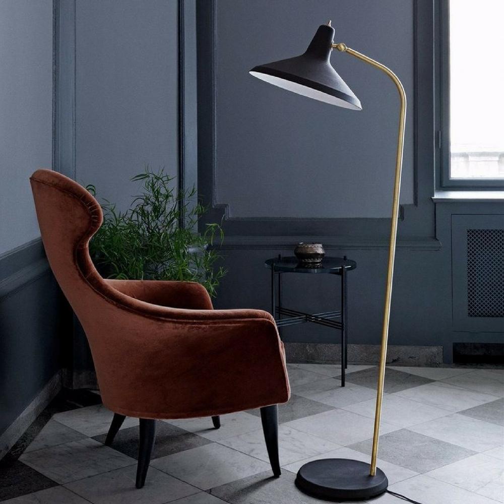 GUBI TS Side Table all black by Gam Fratesi in room with Eva Lounge Chair and G10 Floor Lamp