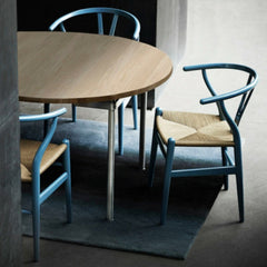 Carl Hansen Wegner CH88 Dining Table with Blue Wishbone Chairs