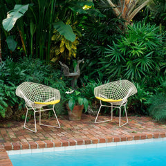 Bertoia Diamond Chairs in White Rislan Outdoor Finish with Yellow Cushions by Pool Knoll