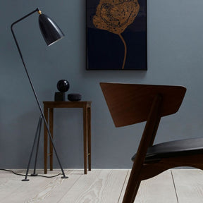 Sibast no. 1 Side Table with Oak Dark Oil Finish and Black Glass Top with no. 7 Dining Chair from Sibast and Greta Grossman Grasshoppa Lamp from Gubi