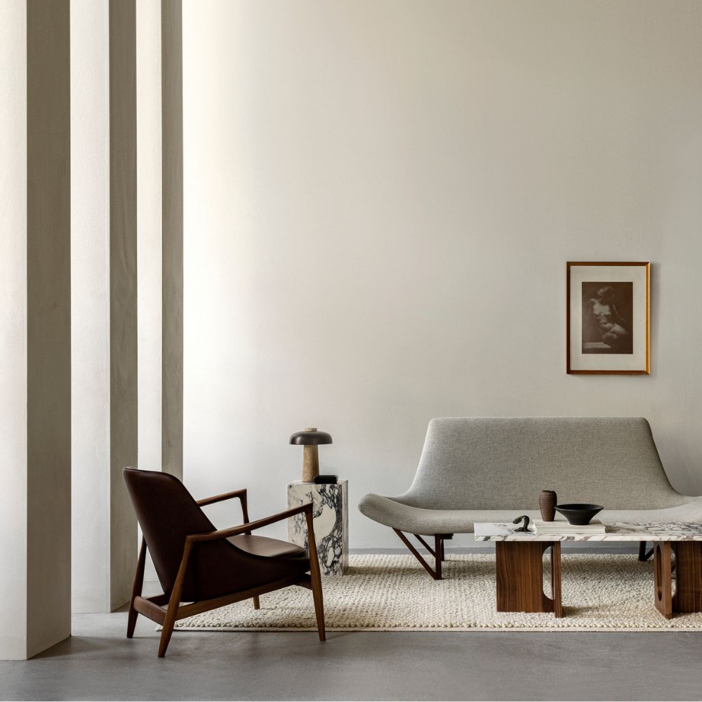 Icons by Menu Elizabeth Lounge Chair by Ib Kofod-Larsen with Plinth Side Table, Androgyne Lounge Table-Wood, and Pagoda Sofa