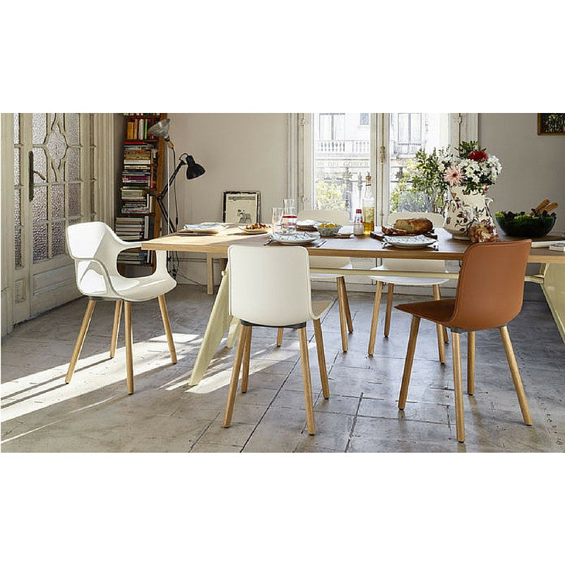 Jasper Morrison HAL Wood Armchair White with Natural Oak Legs at EM Table with Hal Wood Chair and Hal Leather Chair Vitra