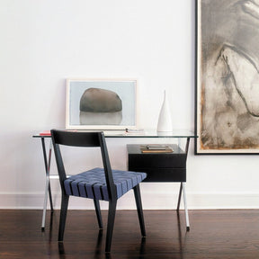 Jens Risom Side Chair Ebonized Maple Open Back Blue Albini Desk Knoll