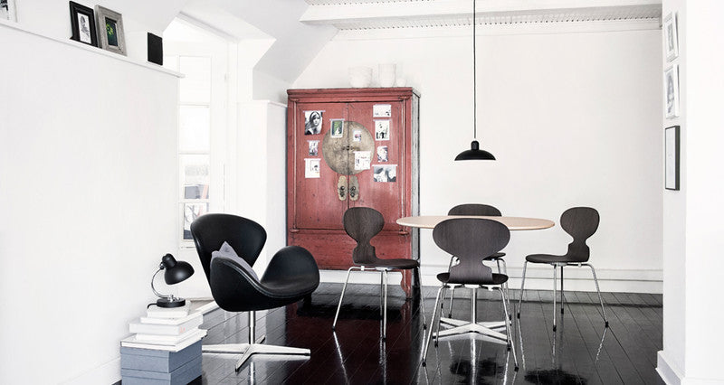 Kaiser Idell Pendant Black in room with Swan and Ant Chairs