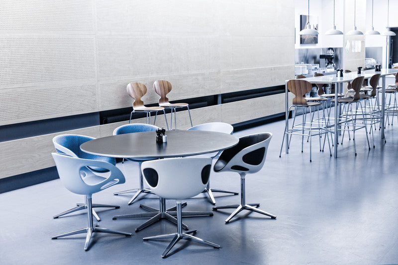 Kaiser Idell Pendants White in Headquarters Cantina with Rin Chairs and Ant Barstools
