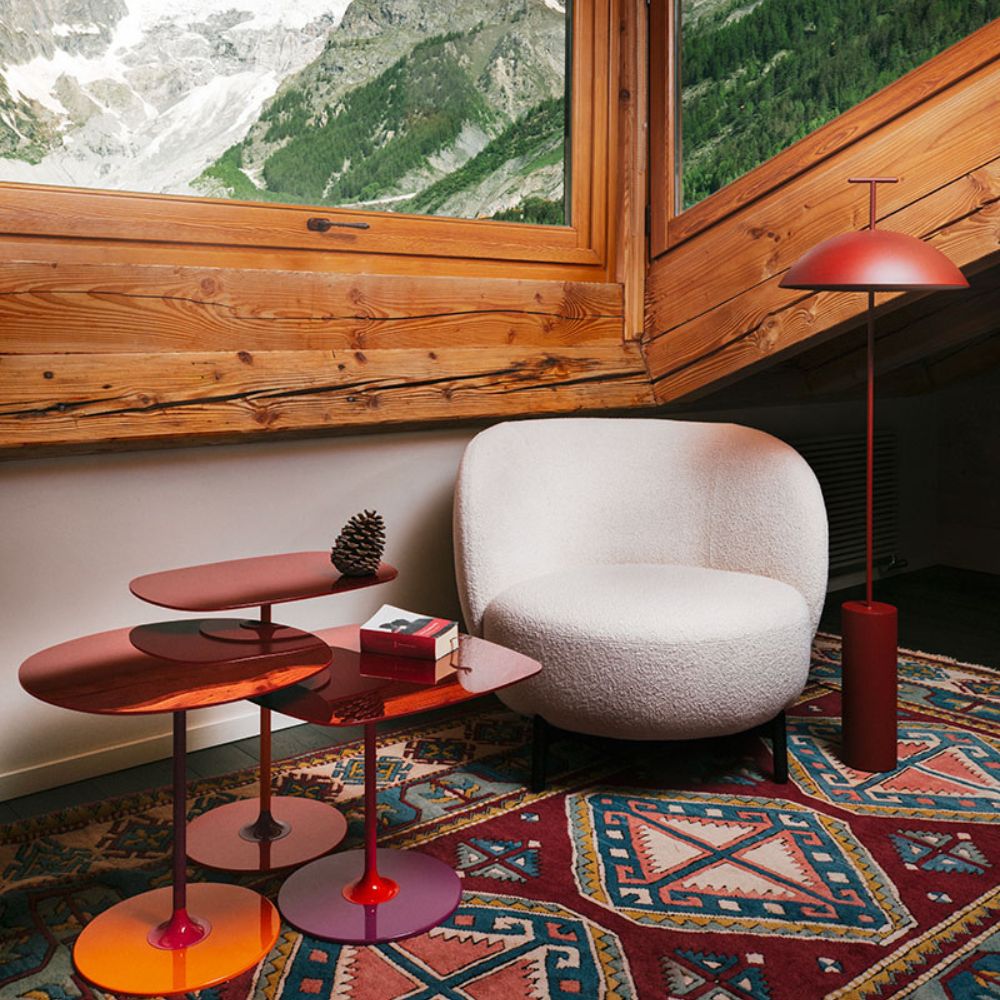 Kartell GeenA Floor Lamp by Ferruccio Laviani in Ski Lodge with Lunam Chair and Thierry Side Tables