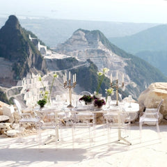 Kartell Louis Ghost Chairs with Dining Table Overlooking Mountains