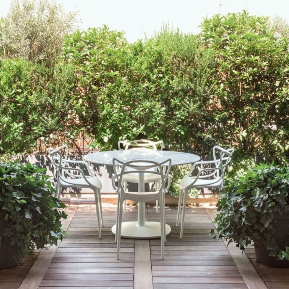 Kartell Masters Chairs White on Terrace with Multiplo Dining Table