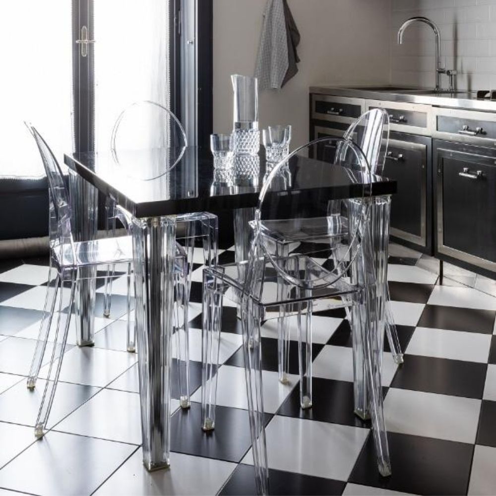 Kartell Victoria Ghost Chairs in Black and White Kitchen