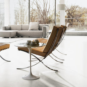 Knoll Barcelona Chairs in Room with Saarinen Side Table and Barber Osgerby Sofa